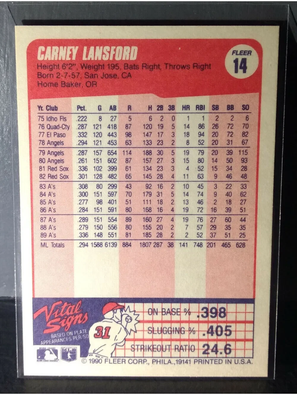 1990 Carney Lansford Fleer Baseball Card #14